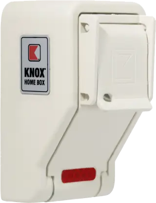 A white Knox Home Box with a closed door, featuring the Knox logo on the upper left corner. The box has a small red reflector at the bottom and appears designed for secure key storage.