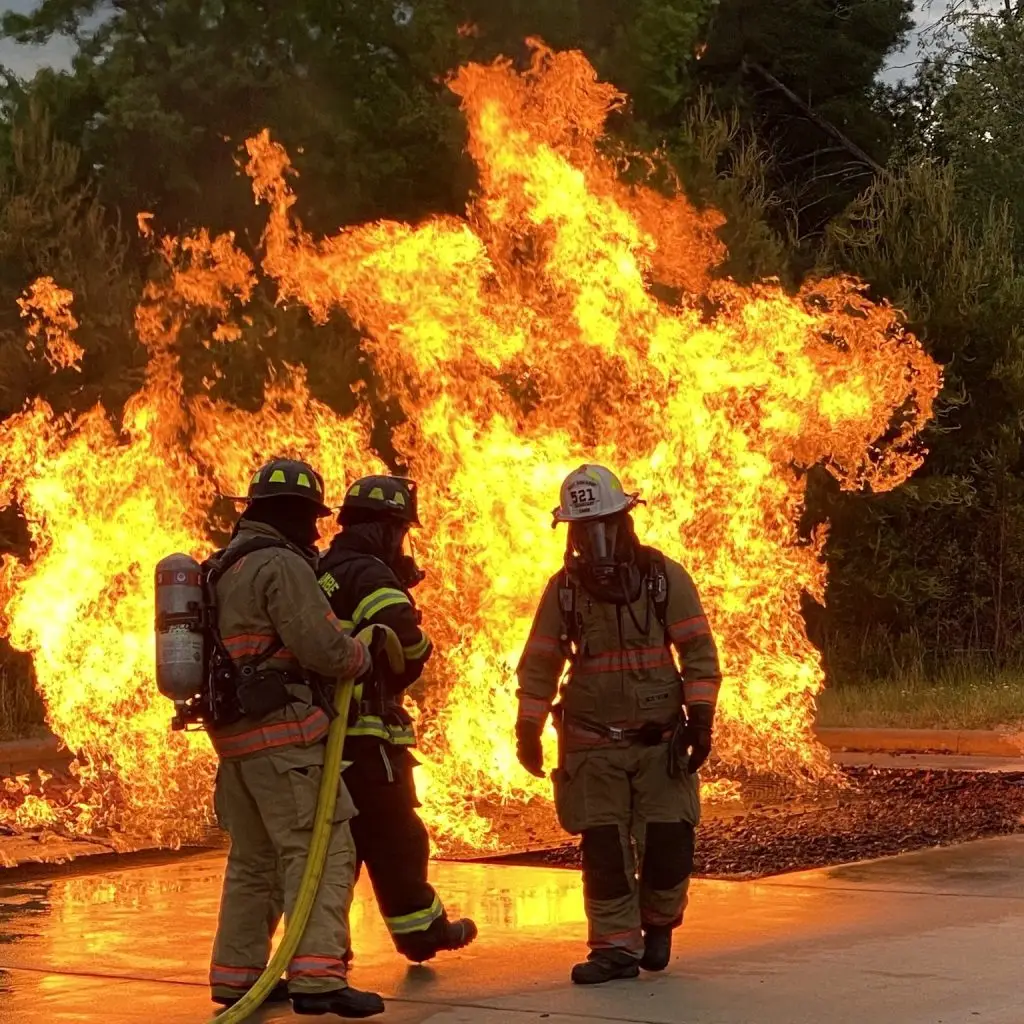 Three firefighters in full gear and helmets are actively managing a large, intense fire. One firefighter is holding a hose aimed at the flames, while the others stand nearby. The flames reach high, illuminating the scene against a backdrop of trees.