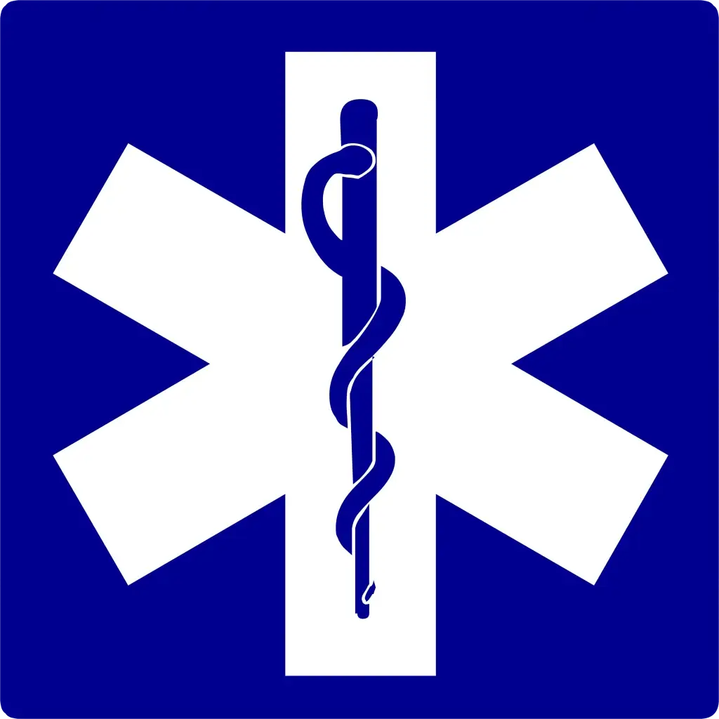 A blue square with a white Star of Life symbol. In the center, a staff with a serpent coiled around it, representing medicine and healthcare.