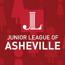 Logo of the Junior League of Asheville featuring a white "J" with a horizontal line on a red background. Silhouettes of women in various sizes are subtly patterned in red and pink behind the text.