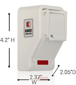A white Knox Home Box with a closed lid is shown, alongside dimension labels: 4.2 inches high, 2.37 inches wide, and 2.05 inches deep. The box has a red reflective strip and Knox logo on the front.