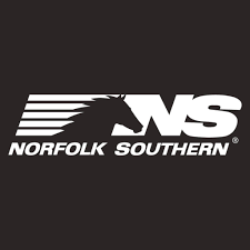 The Norfolk Southern logo features a stylized horse head with horizontal speed lines next to the bold white letters "NS," above the words "Norfolk Southern" on a black background.