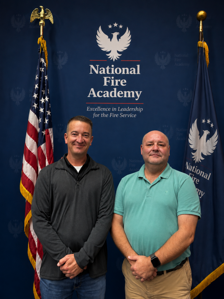 Two men stand smiling in front of a National Fire Academy backdrop with an American flag and academy flag on either side. The backdrop reads “Excellence in Leadership for the Fire Service.”.